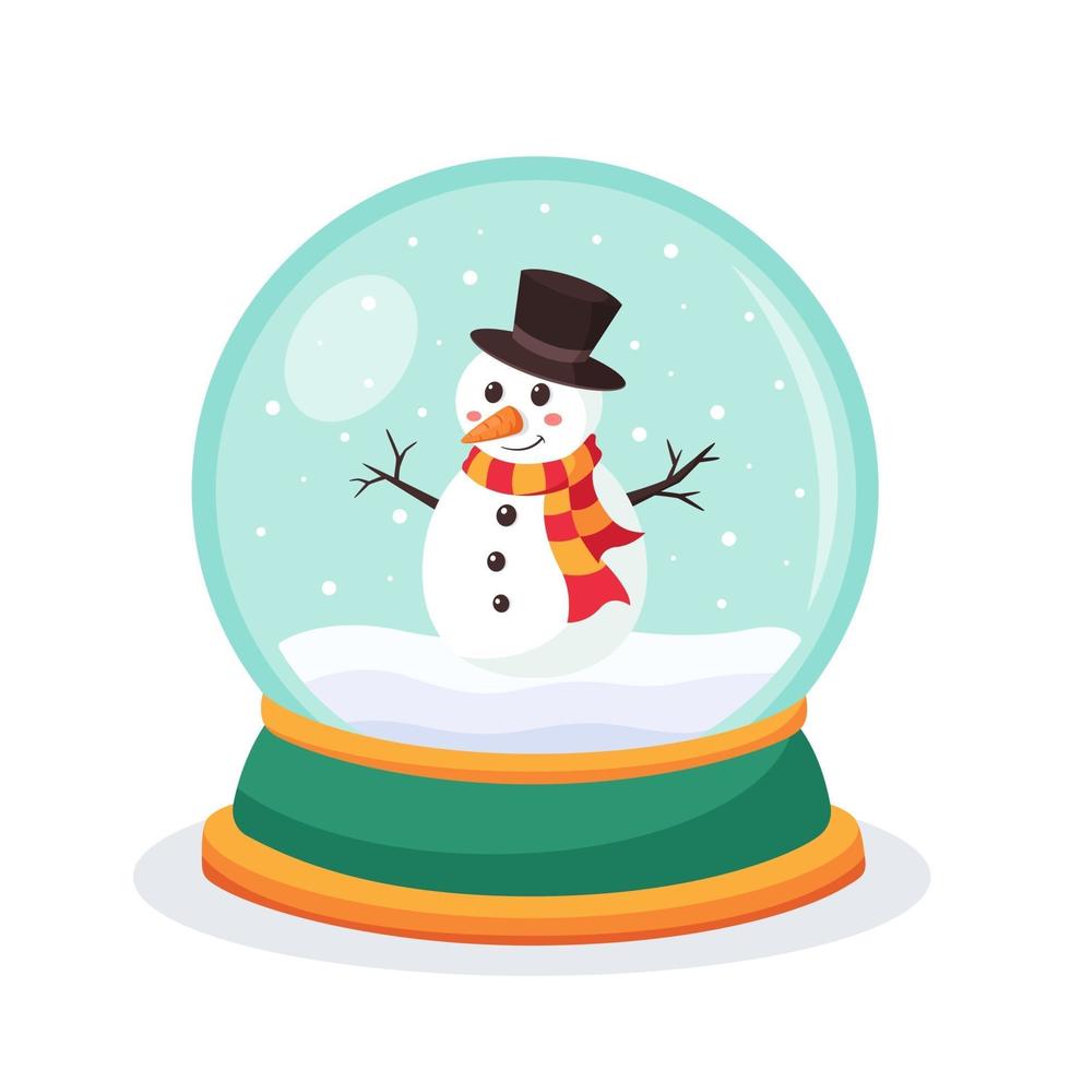 Christmas snow globe with a snowman inside. Snow globe sphere. Vector illustration.