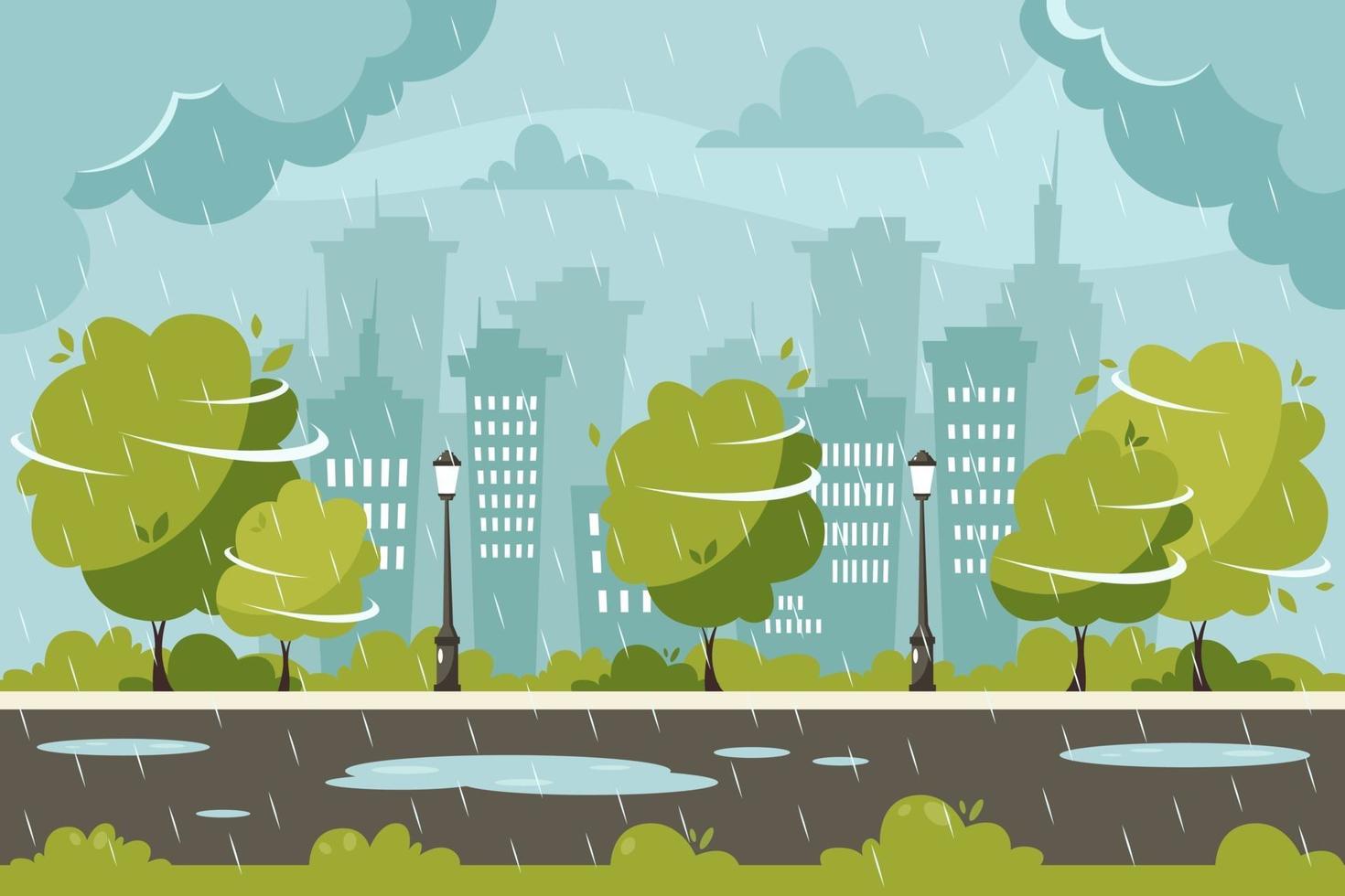 Rain on city background. Rainy and windy day. Vector illustration in flat style.