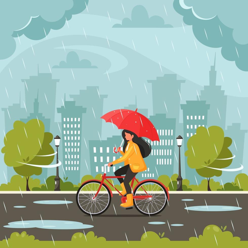 mujer montando bicicleta bajo un paraguas durante la lluvia. caer lluvia. actividades al aire libre de otoño. vector