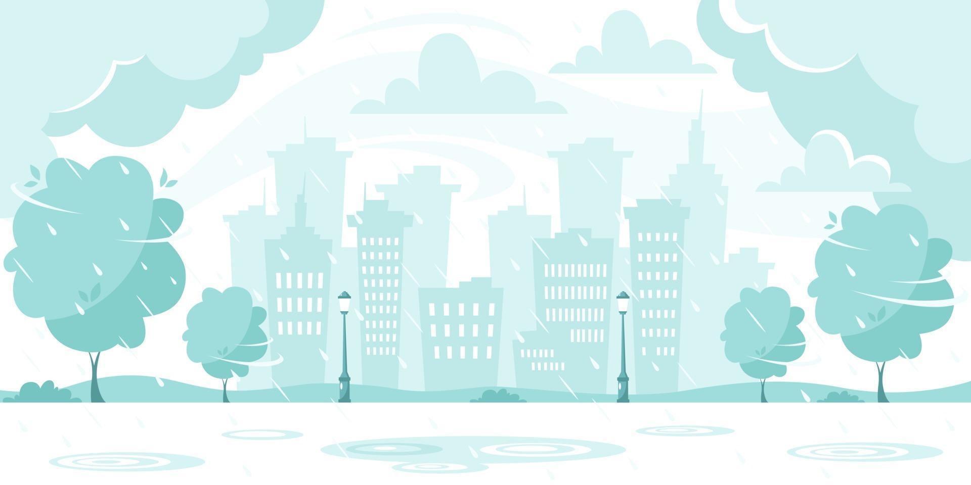 Autumn rain on city background. Rainy and windy day. Vector illustration in flat style.