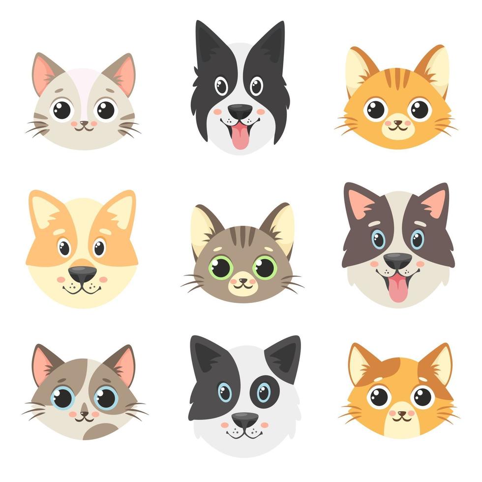 Cute pets collection. Cats and dogs faces. Vector illustration