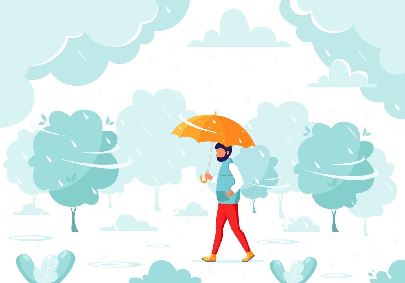 hombre caminando bajo un paraguas durante la lluvia. caer lluvia. actividades al aire libre de otoño. vector