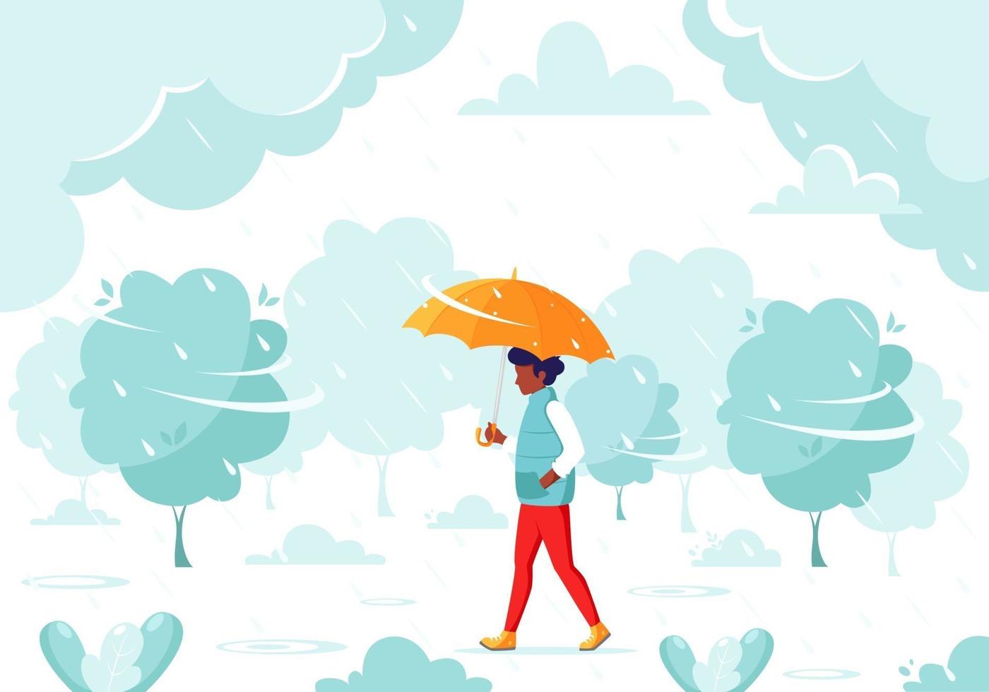 Black man walking under an umbrella during the rain. Fall rain. Autumn outdoor activities. vector