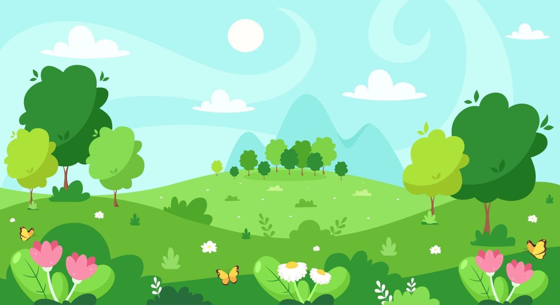 Spring landscape with trees, mountains, fields, flowers. Vector illustration.