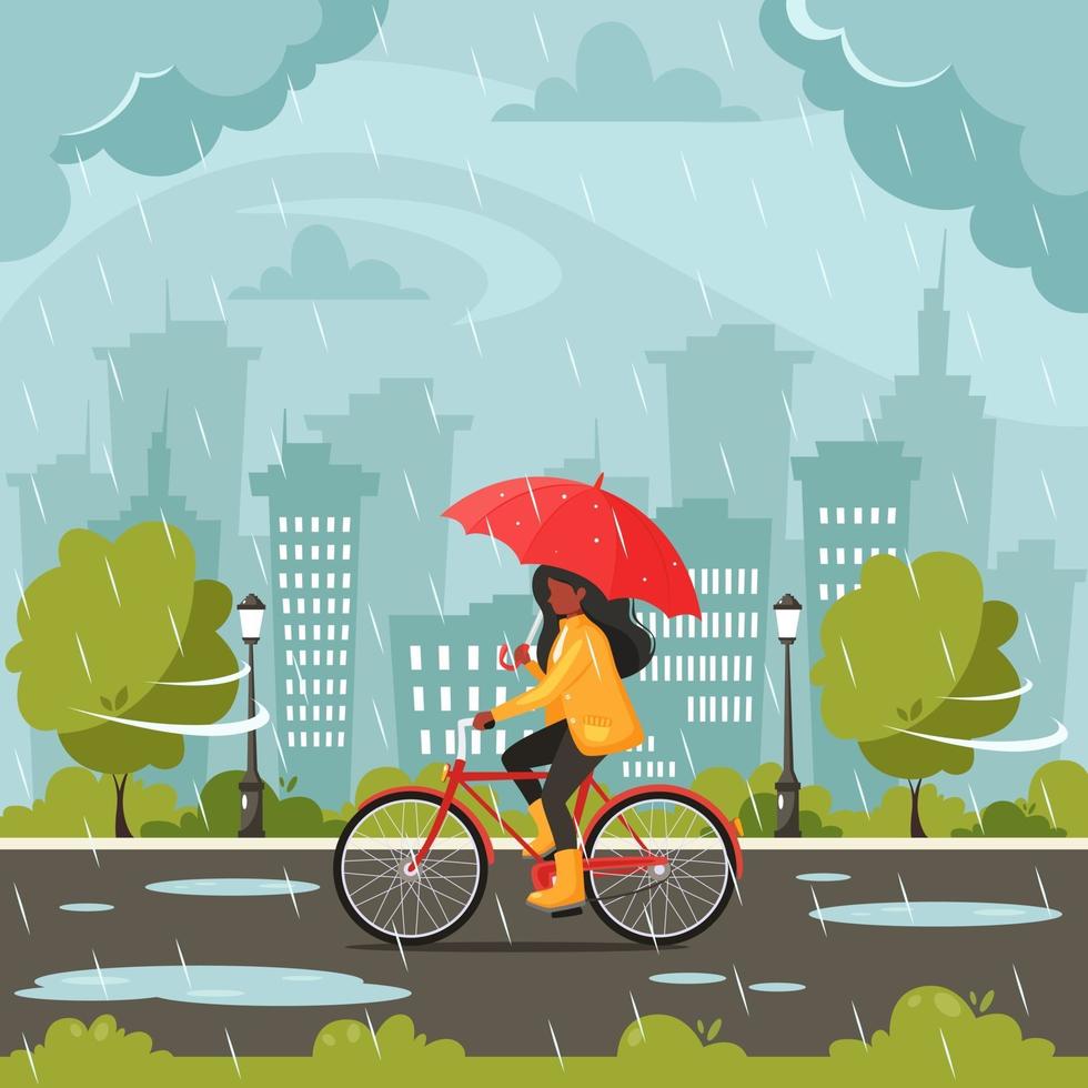 Black woman riding bike under an umbrella during the rain. Fall rain. Autumn outdoor activities. vector