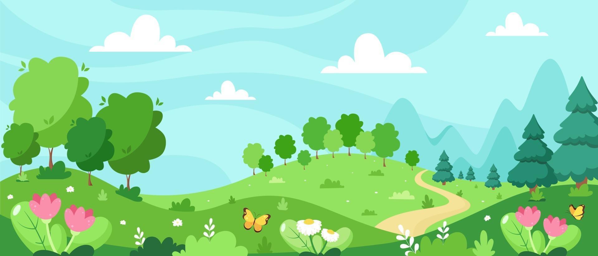 Spring landscape with trees, mountains, fields, leaves. Vector illustration in flat style.