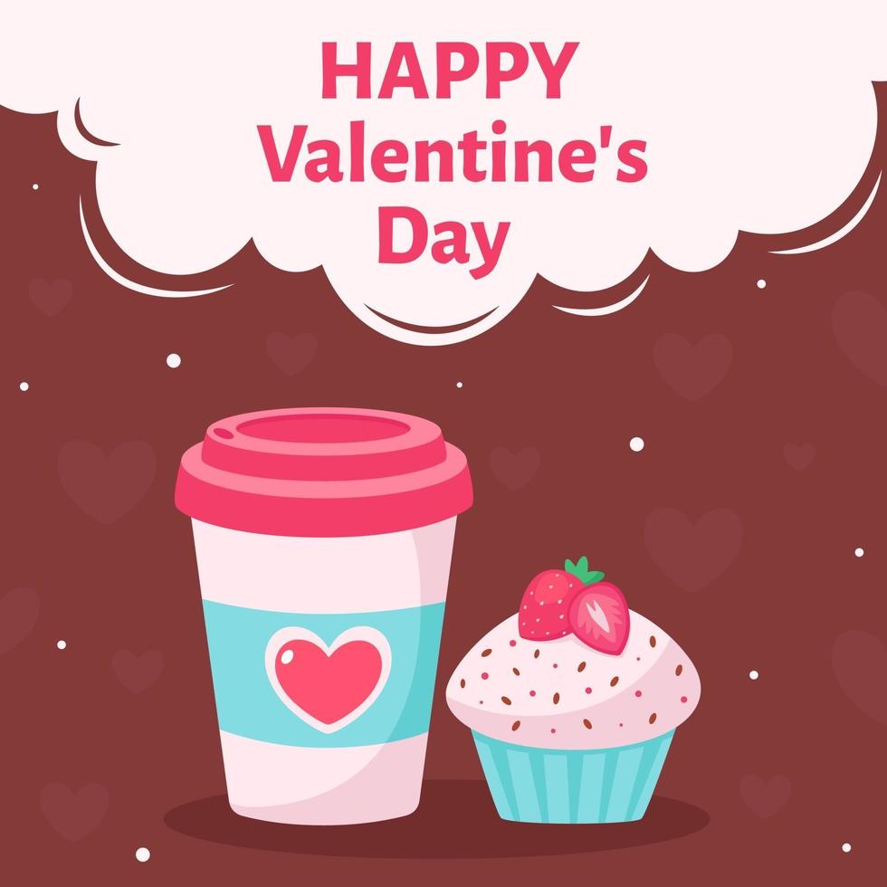 Valentine's Day greeting card. Coffee cup with cupcake. Vector illustration.