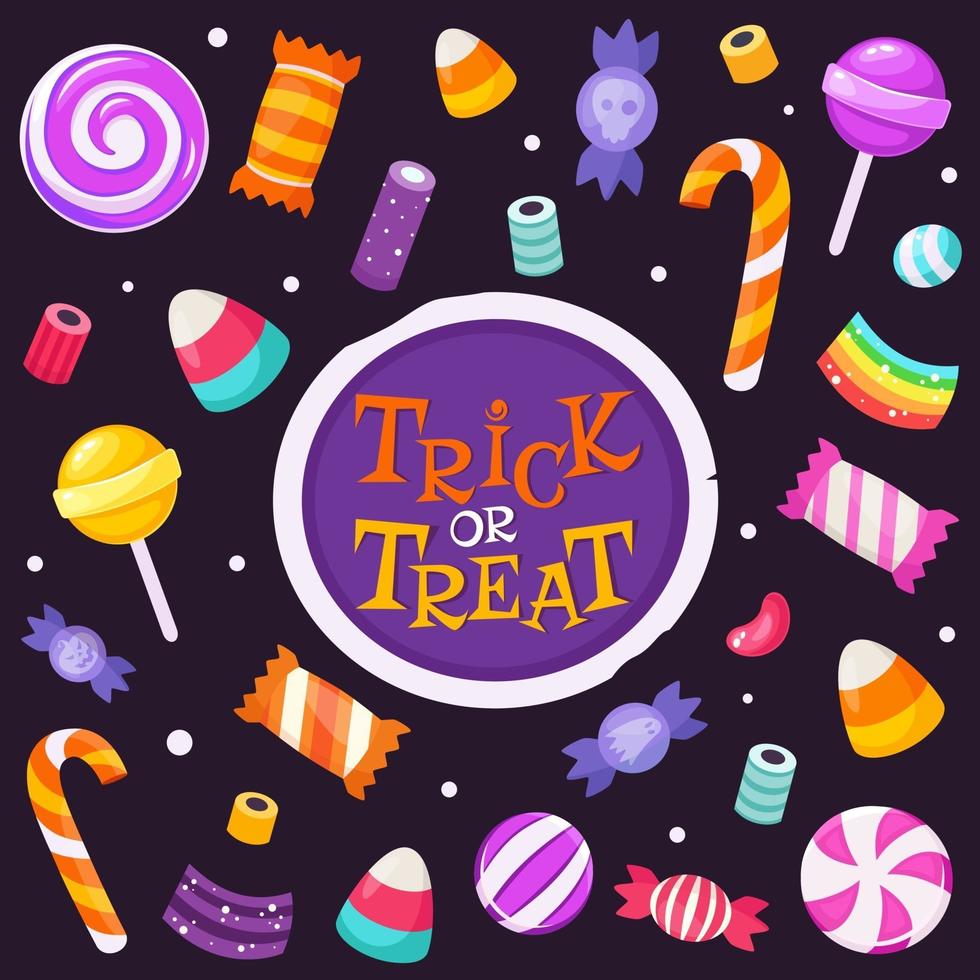 truco o trato. conjunto de dulces y caramelos de halloween. ilustración vectorial vector