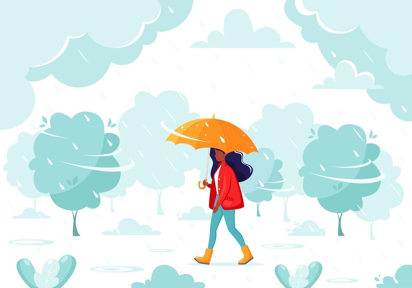 mujer negra caminando bajo un paraguas durante la lluvia. caer lluvia. actividades al aire libre de otoño. vector