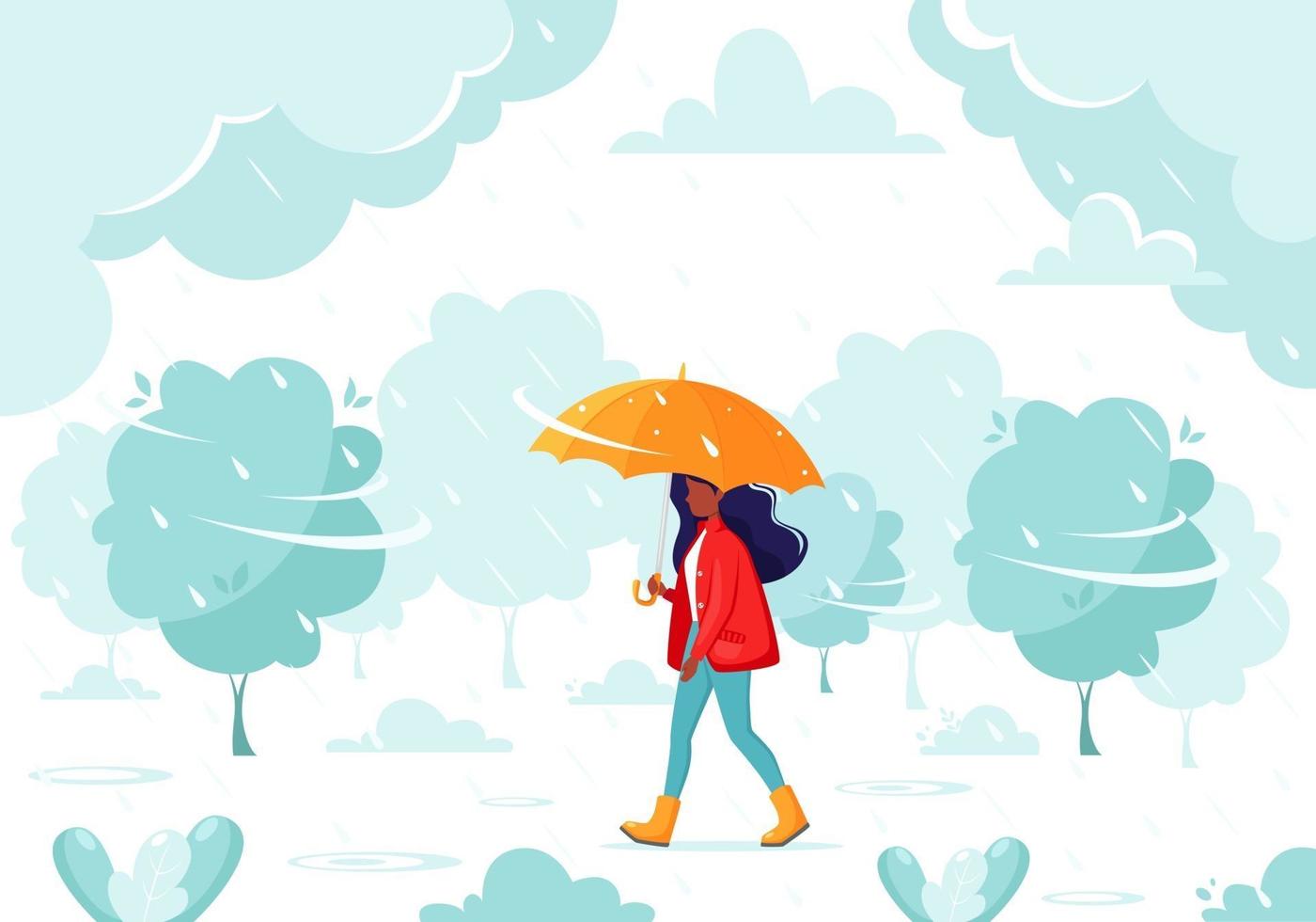 Black woman walking under an umbrella during the rain. Fall rain. Autumn outdoor activities. vector