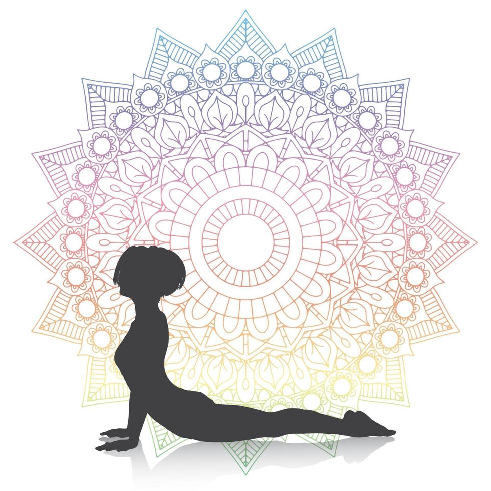 Silhouette of a female in yoga cobra pose on a mandala design vector