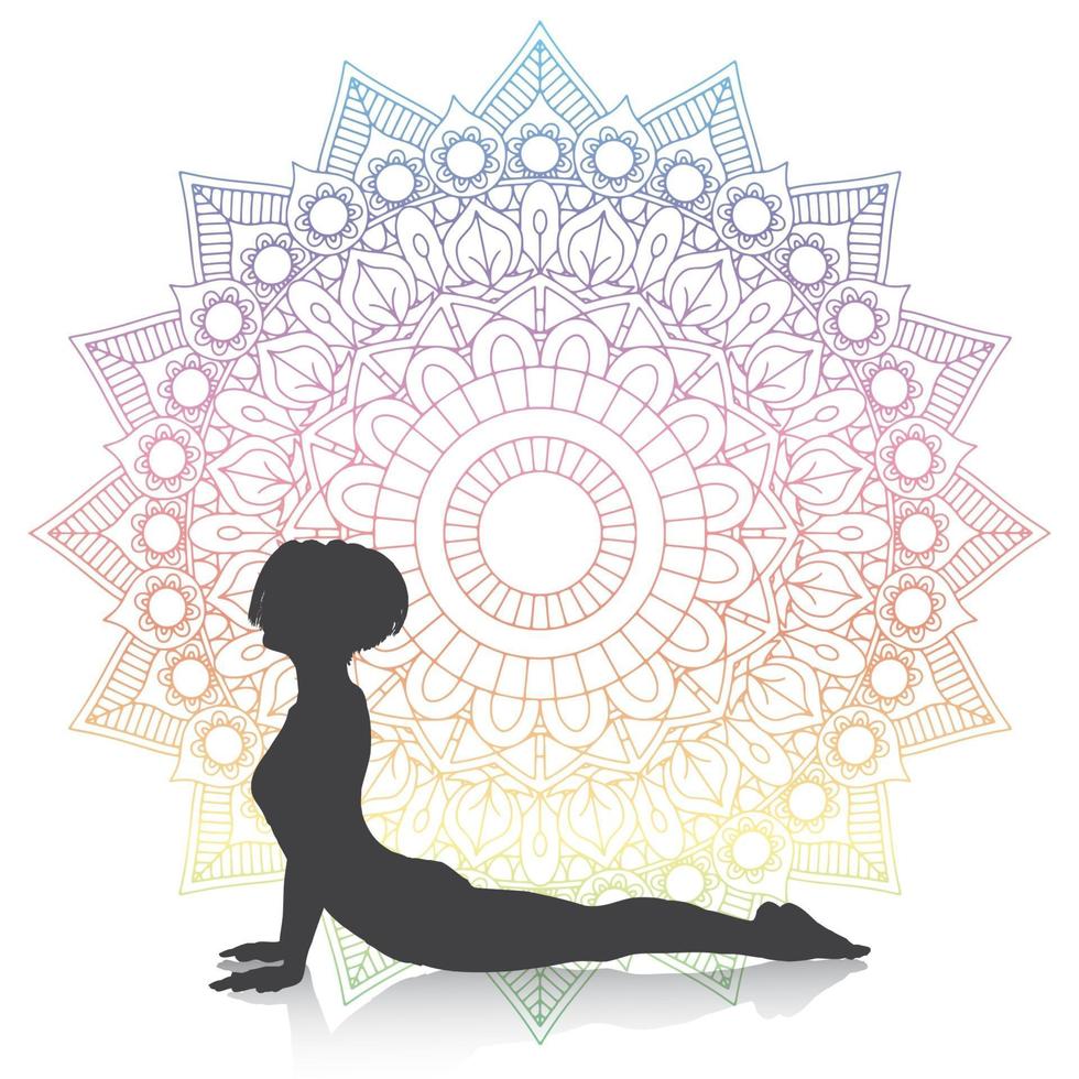 silueta de una mujer en pose de cobra de yoga en un diseño de mandala vector