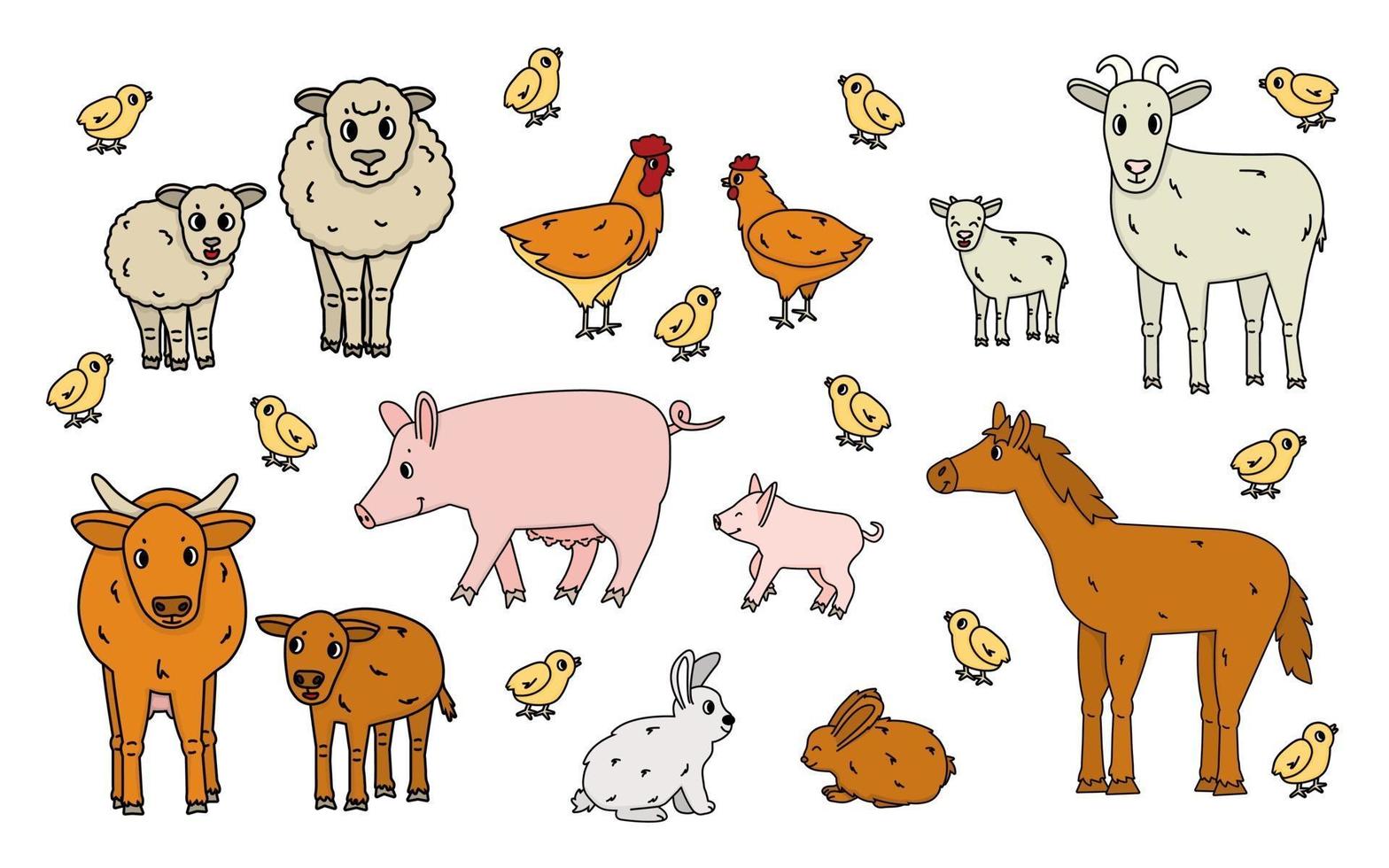 Set of cute doodle outline vector cartoon animals at the farm. Sheep, ram, cow, bull, calf, chicken, rooster, goat mother and kid, pig small and big, rabbit, hare, horse isolated on white background