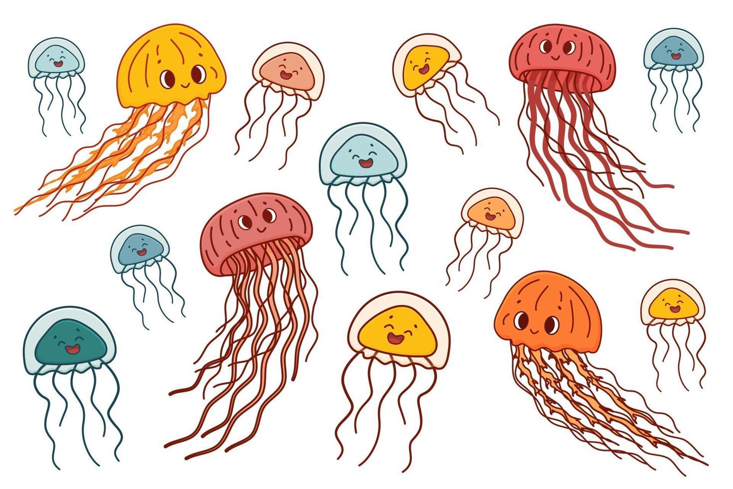 conjunto de medusas de dibujos animados de doodle de vector de contorno colorido. La gelatina de mar es alegre, tiene buena emoción y largos tentáculos. los animales están aislados en el fondo blanco