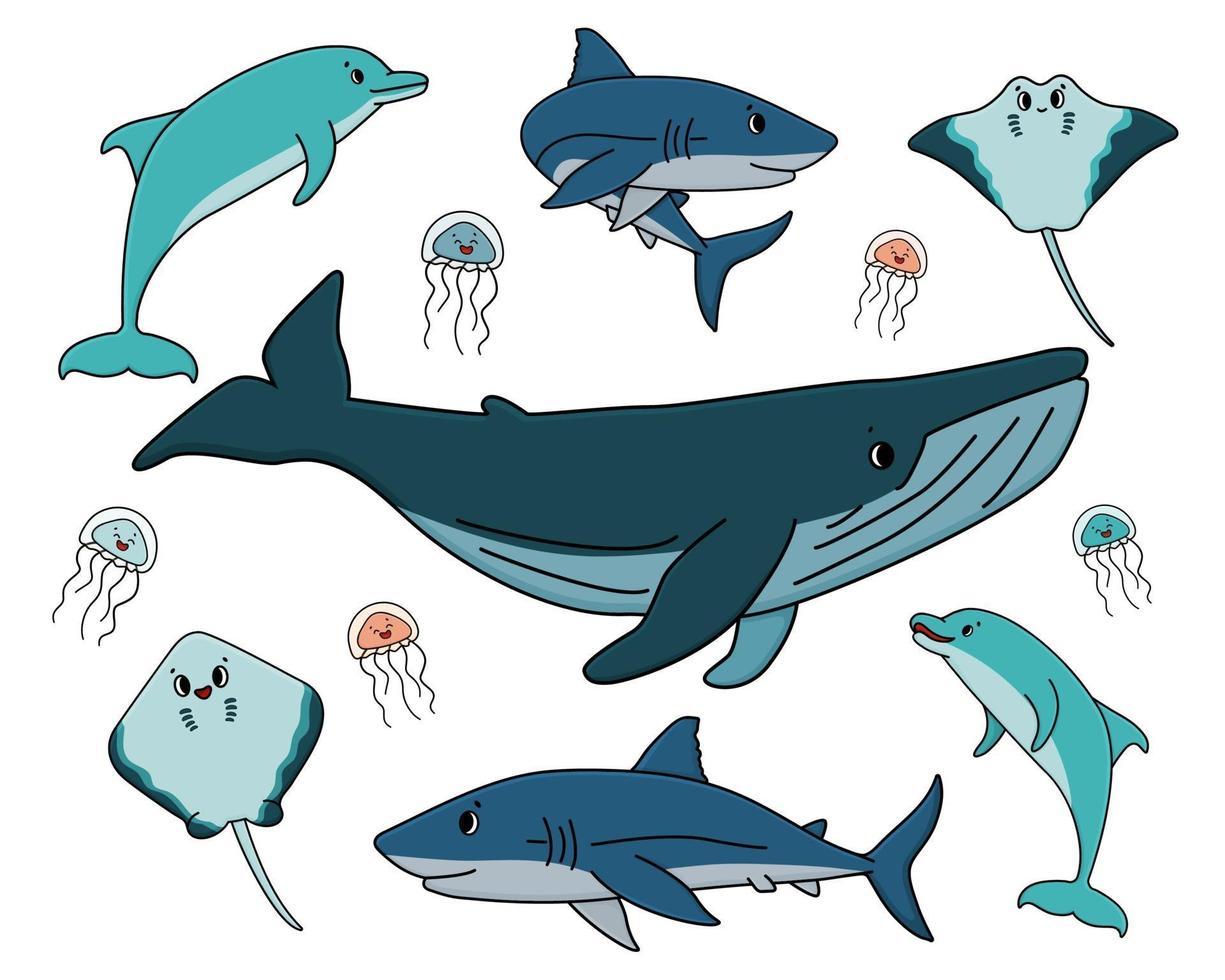 conjunto de dibujos animados de contorno vectorial océano y mar animales felices. ballena, delfín, tiburón, raya de dos tipos, las medusas tienen ojos y boca, están aisladas, fondo blanco. se puede utilizar para libros para niños vector