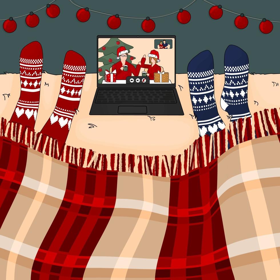 Dos personas están viendo la película de Navidad y año nuevo en la cama debajo de la tela escocesa tradicional de Borgoña en la computadora portátil en calcetines tejidos rojos y azules vector