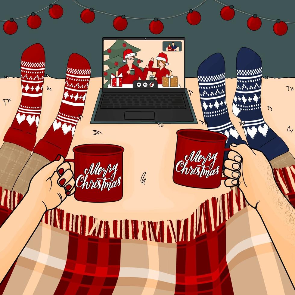 Family and friends Have a fun Christmas party via laptop via video call on the bed with cups of coffee or hot chocolate under plaid vector