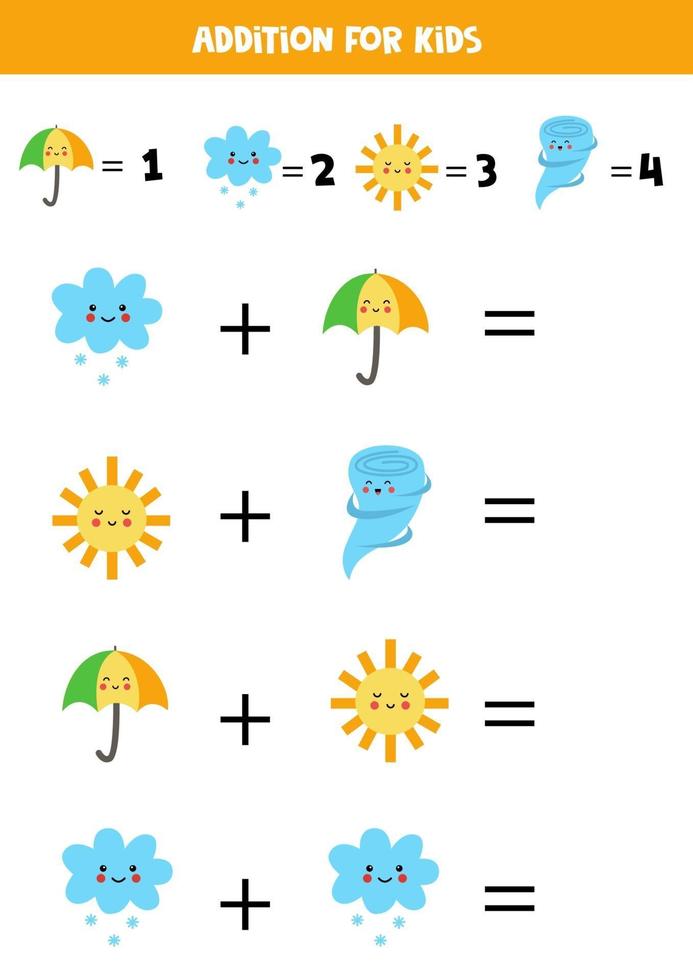 Addition for kids with cute kawaii weather elements. vector