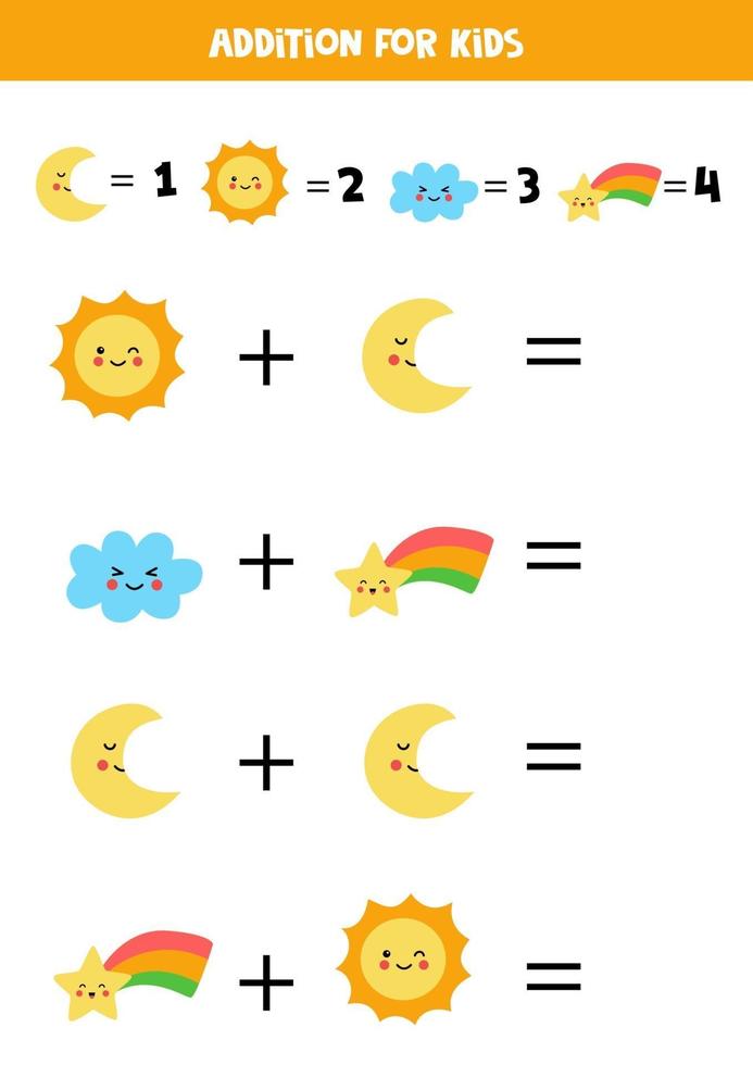Addition for kids with cute kawaii weather elements. vector