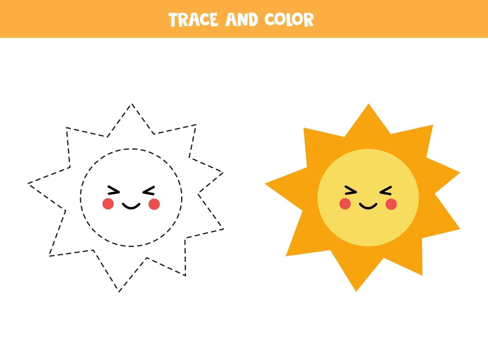 Trace and color cute Sun. Worksheet for kids. 2275135 Vector Art at