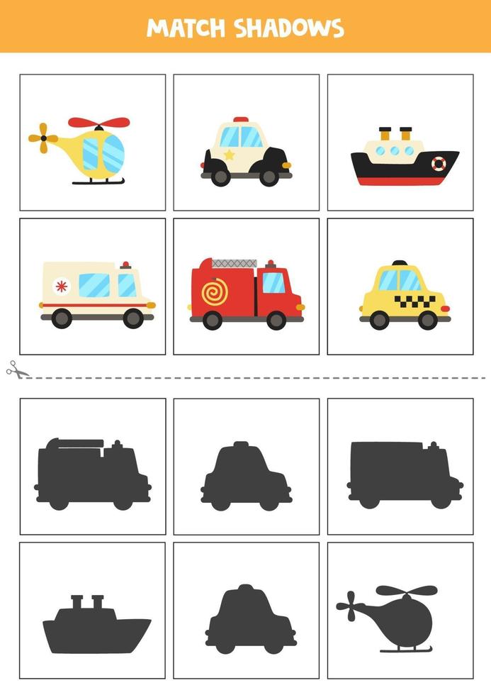 Find shadows of cartoon transport. Cards for kids. vector