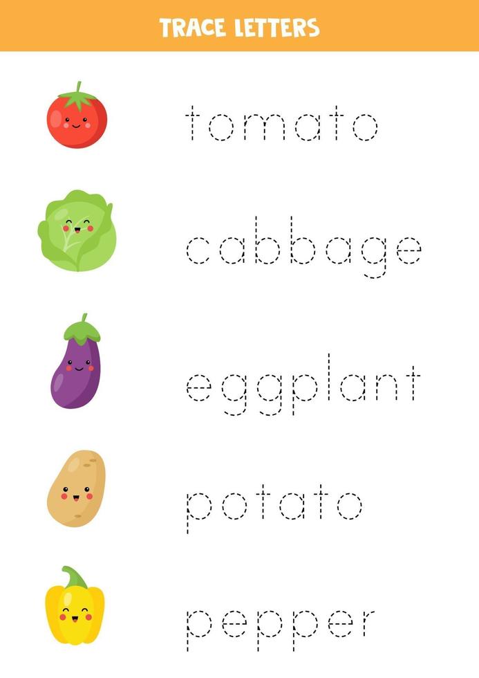 Tracing letters with cute vegetables. Writing practice. vector
