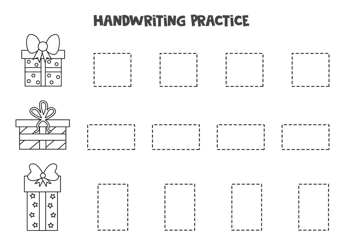 Trace contours of cartoon presents. Writing practice. vector