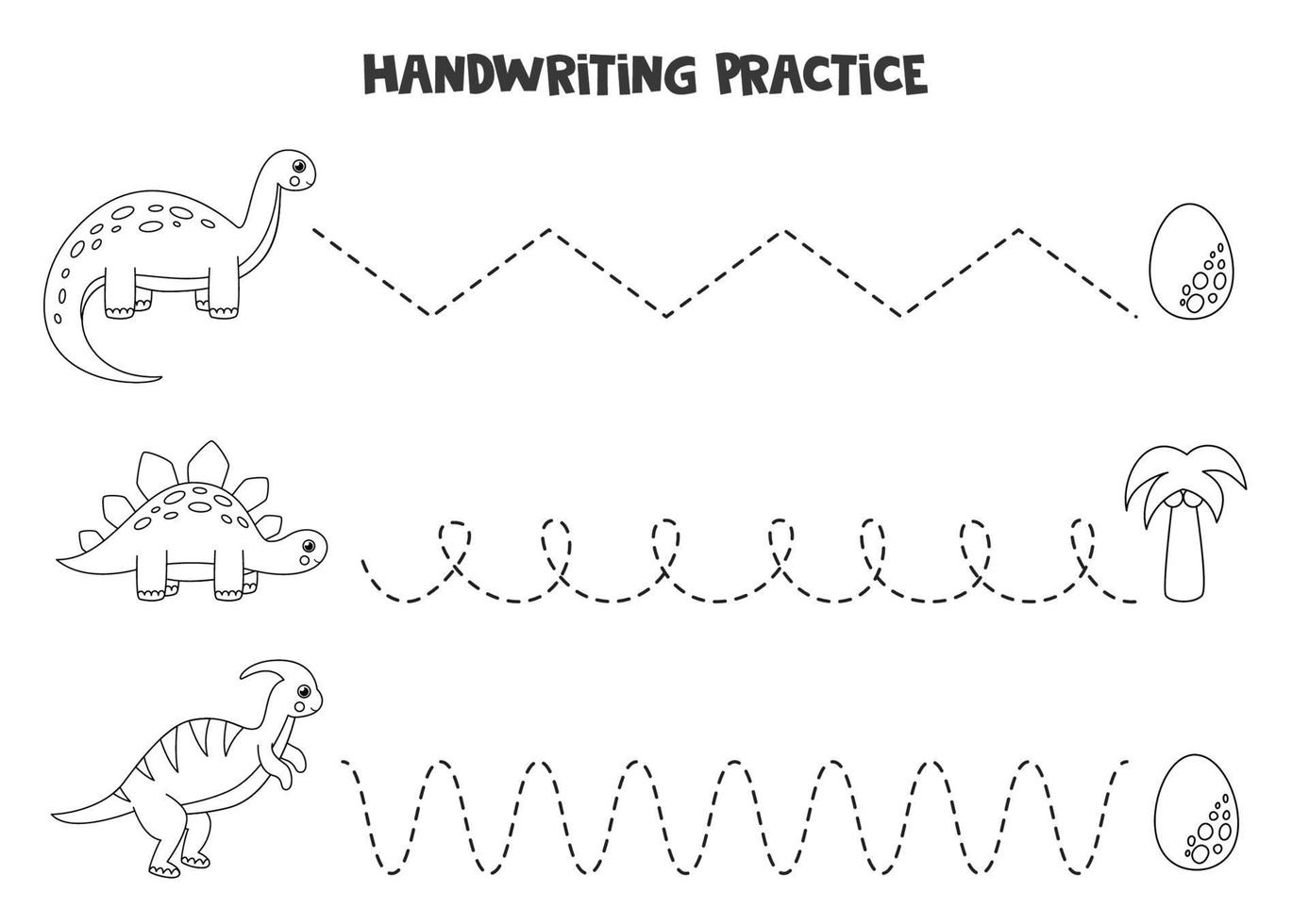 Tracing lines with cute black and white dinosaurs. Writing practice. vector