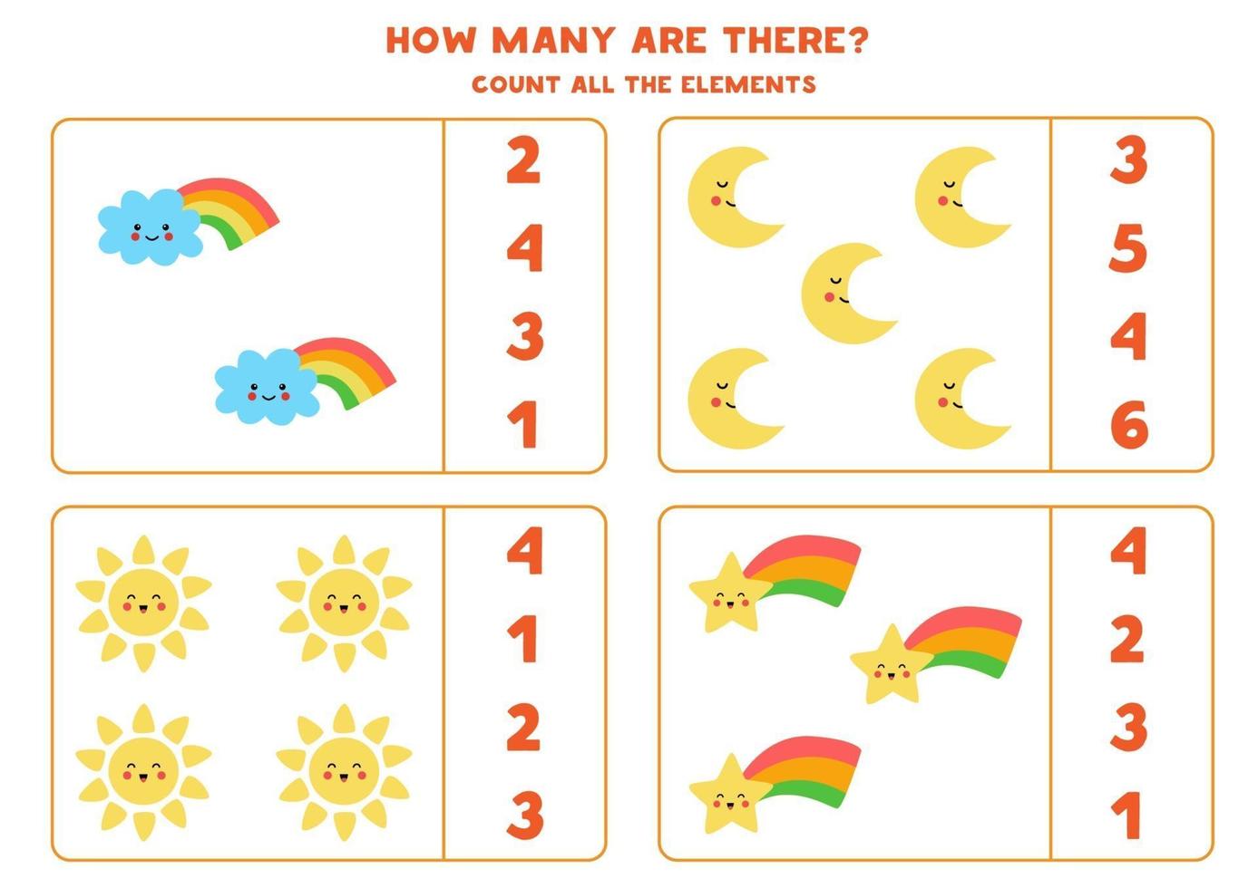 Counting game with cute sun, moon, star, cloud. Math worksheet. vector