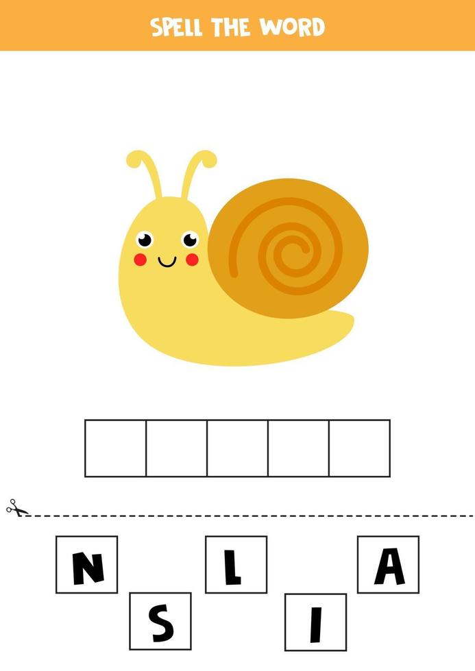 Spelling game for kids. Cute cartoon snail. vector