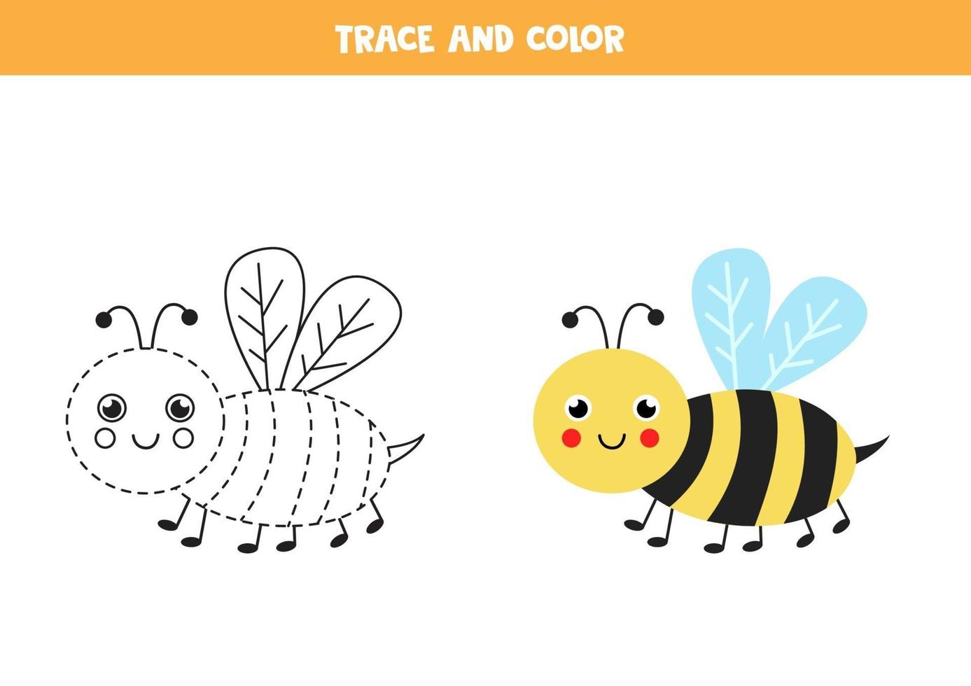 Trace and color cute bee. Worksheet for kids. vector