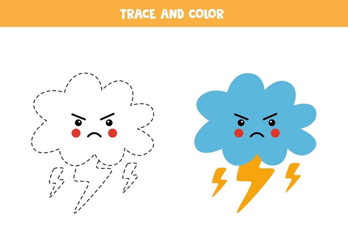 Trace and color kawaii thunderstorm cloud. Worksheet for kids. vector