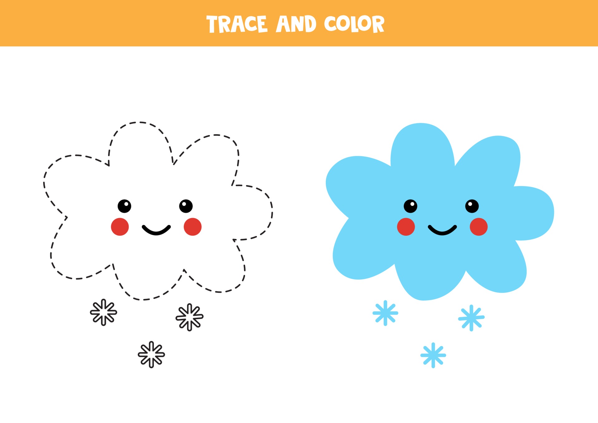 Trace and color kawaii snowy cloud. Worksheet for kids. 2275156 Vector