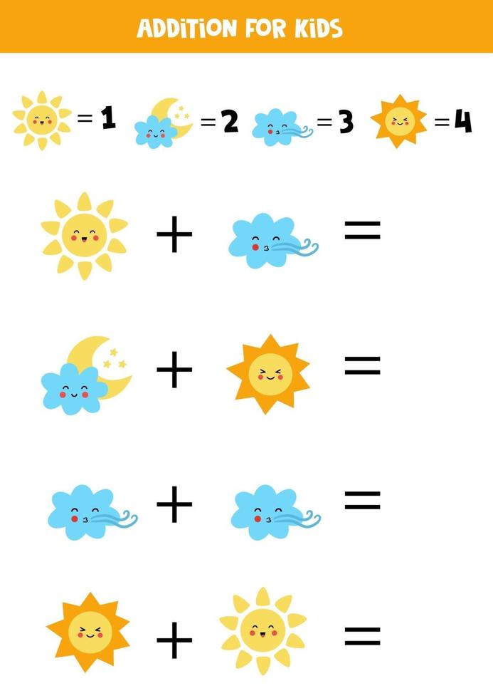 Addition for kids with cute kawaii suns and clouds. vector