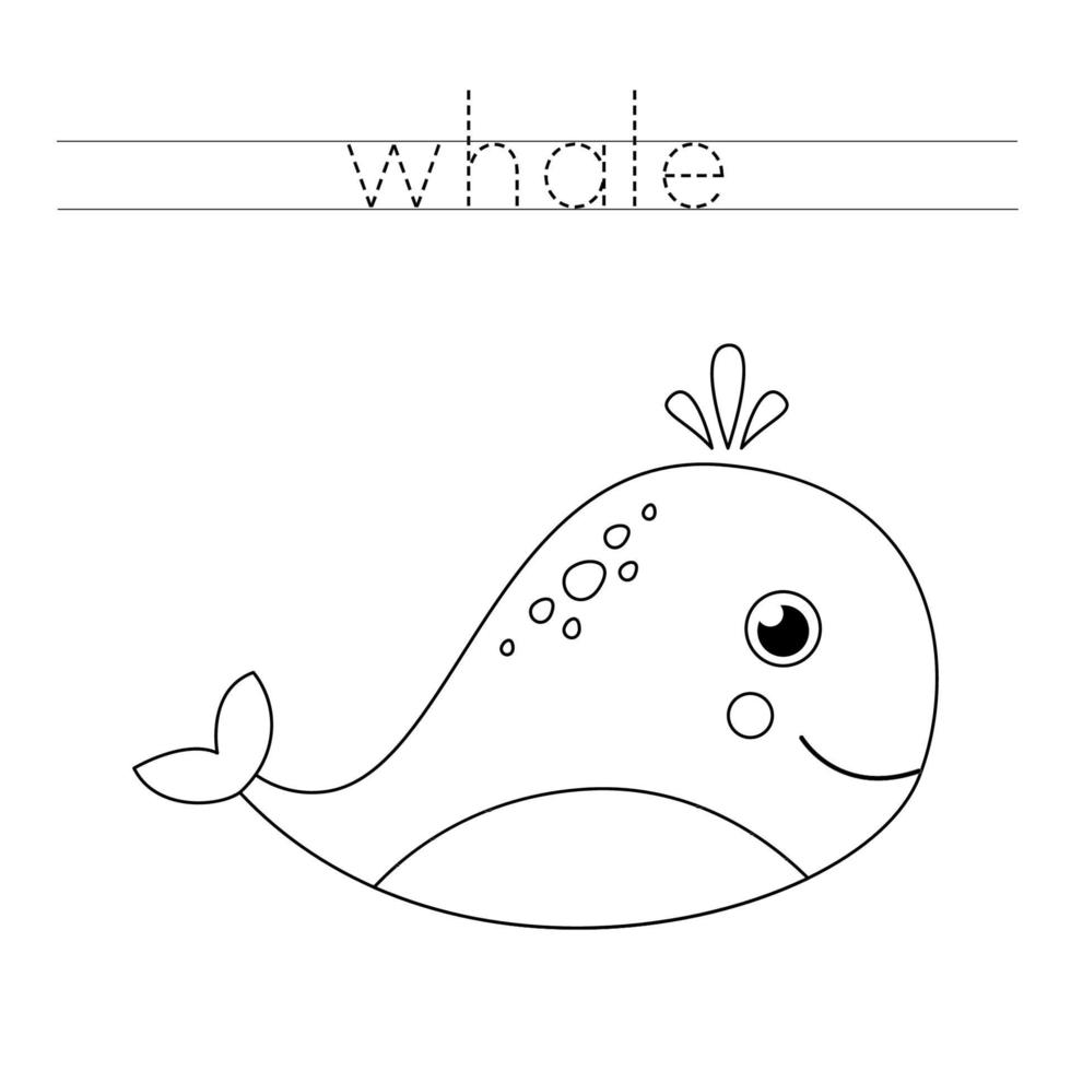 trazando letras con linda ballena. práctica de escritura para niños. vector