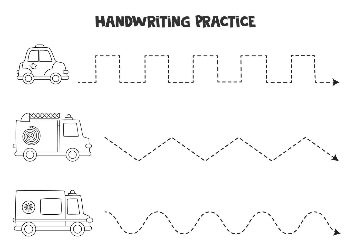 Tracing lines with black and white transport. Writing practice. vector