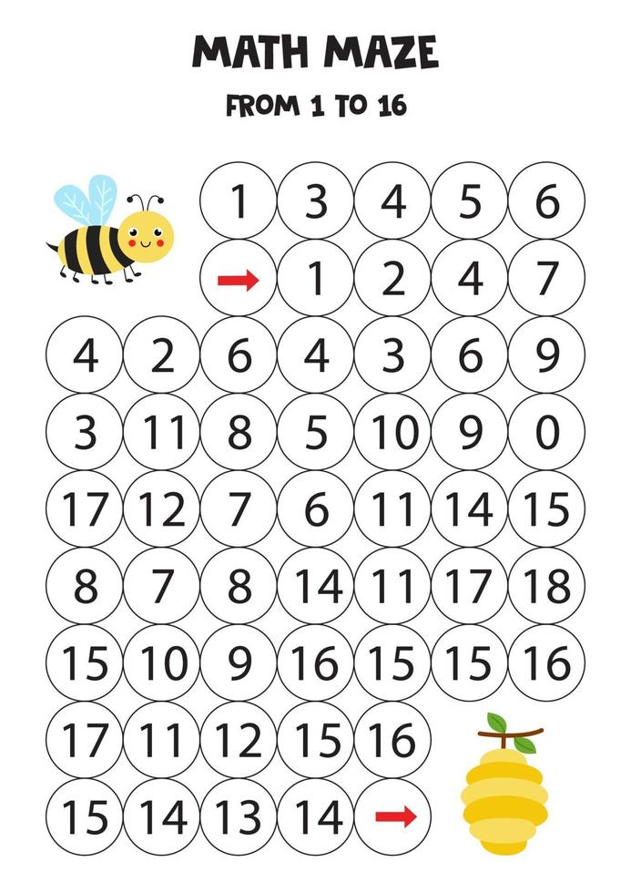 Lleva la linda abeja kawaii a la colmena contando hasta 16. vector