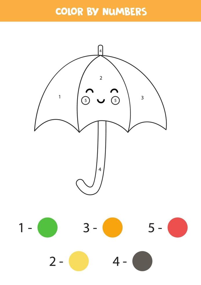 Color cartoon umbrella by numbers. Worksheet for kids. vector