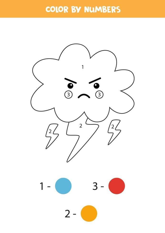 Color angry cloud by numbers. Worksheet for kids. vector