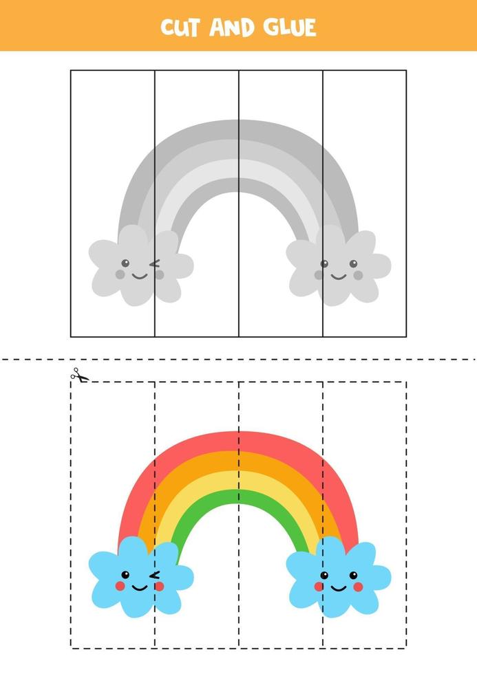 Cut and glue game for kids. Cute colorful rainbow. vector