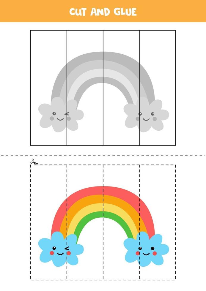 Cut and glue game for kids. Cute colorful rainbow. vector