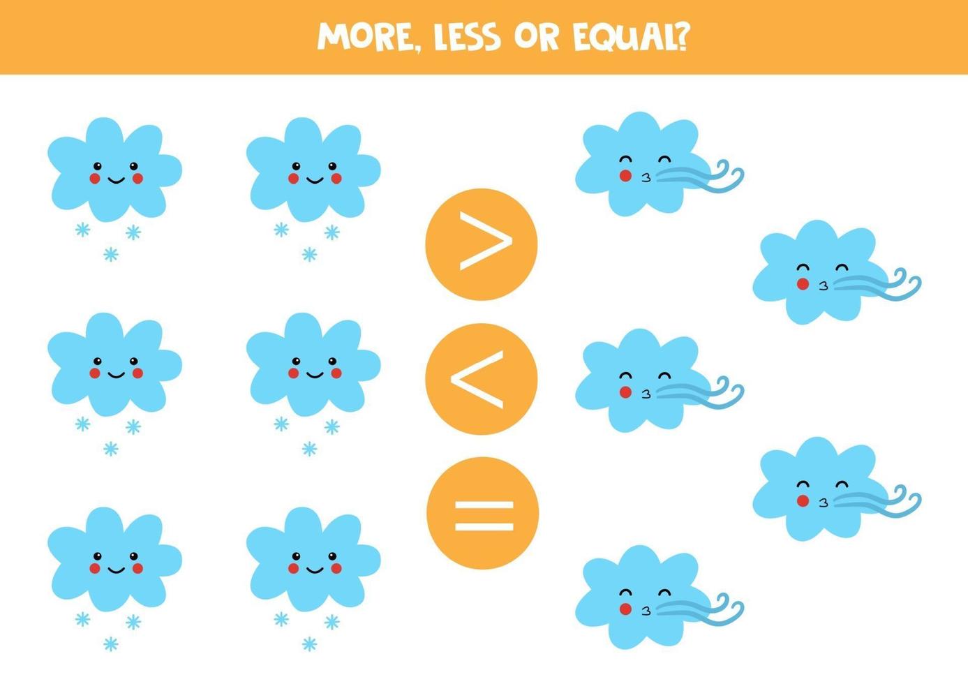 More, less, equal with cute kawaii clouds. vector