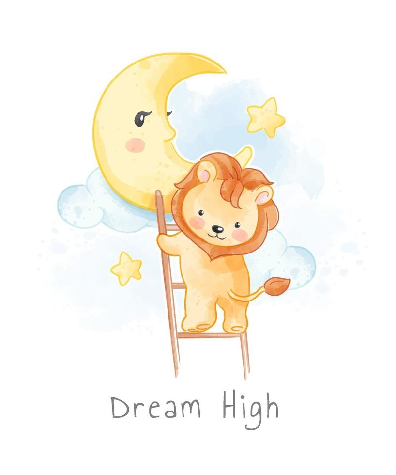 Cute Lion Climbing Ladder to the Moon Illustration vector