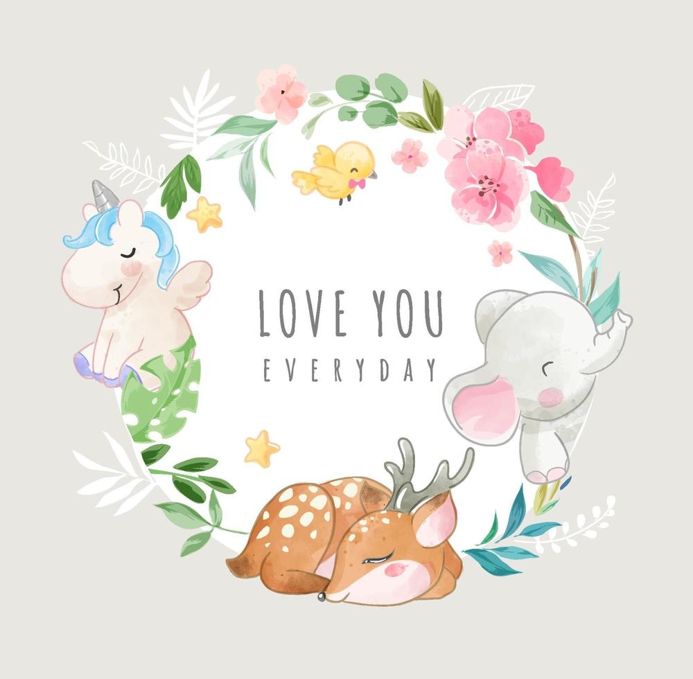Cute Wild Animals and Colorful Flowers in Circle Frame Illustration vector