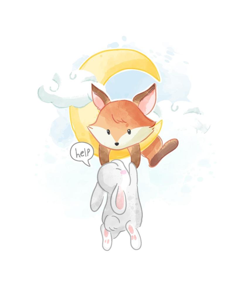 Little Fox Helping Rabbit Climb to the Moon Illustration vector