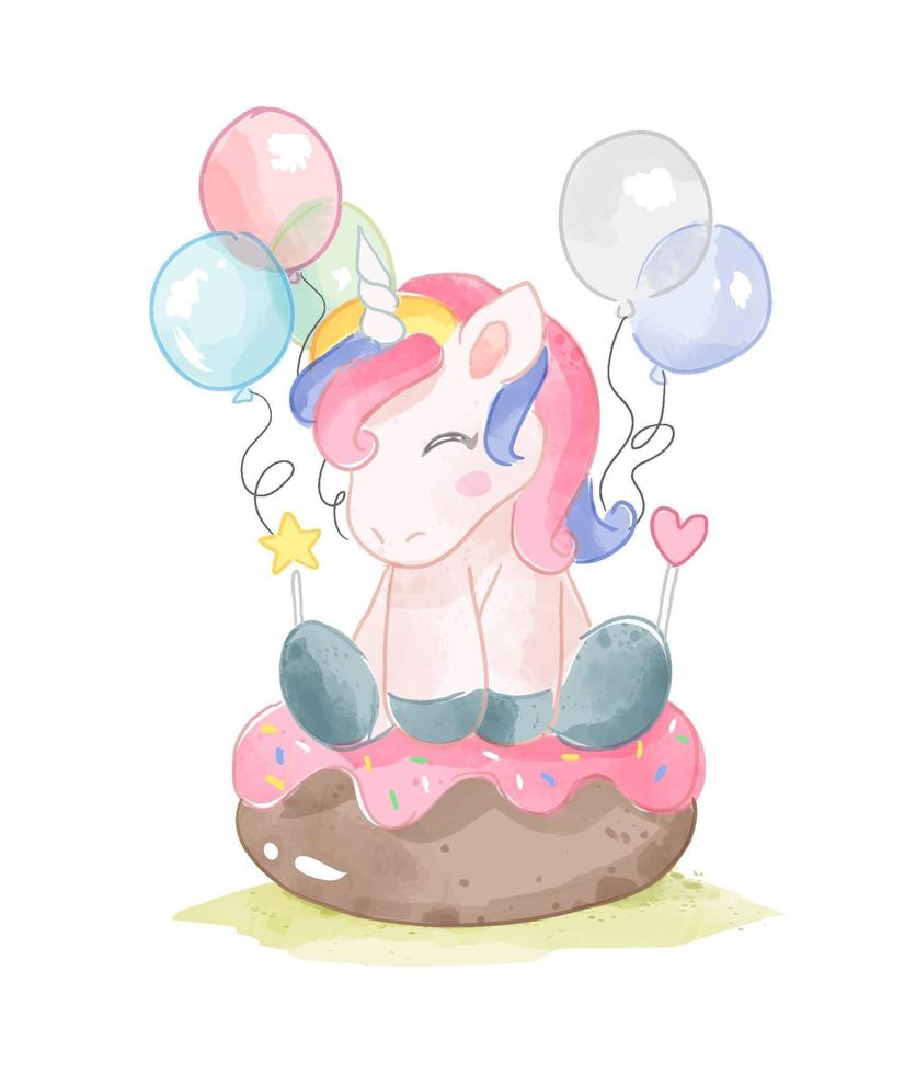 Cute Unicorn Sitting on Donut Cake and Balloons Illustration vector