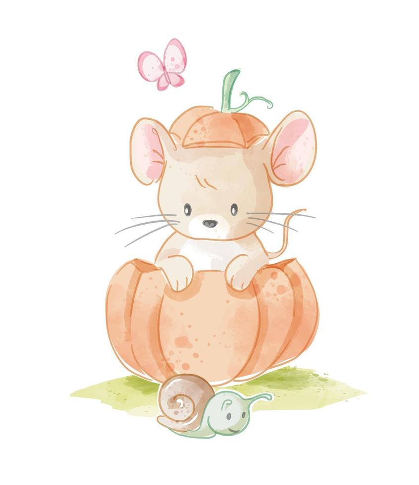 lindo ratoncito en calabaza y pequeño caracol ilustración vector