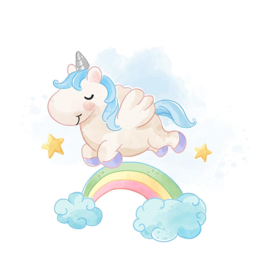 lindo unicornio saltando sobre la ilustración del arco iris vector