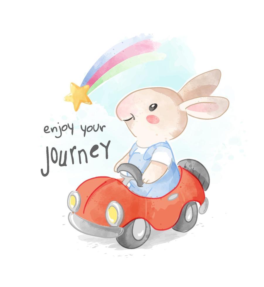 Cute Rabbit Driving a Car and Rainbow Illustration vector