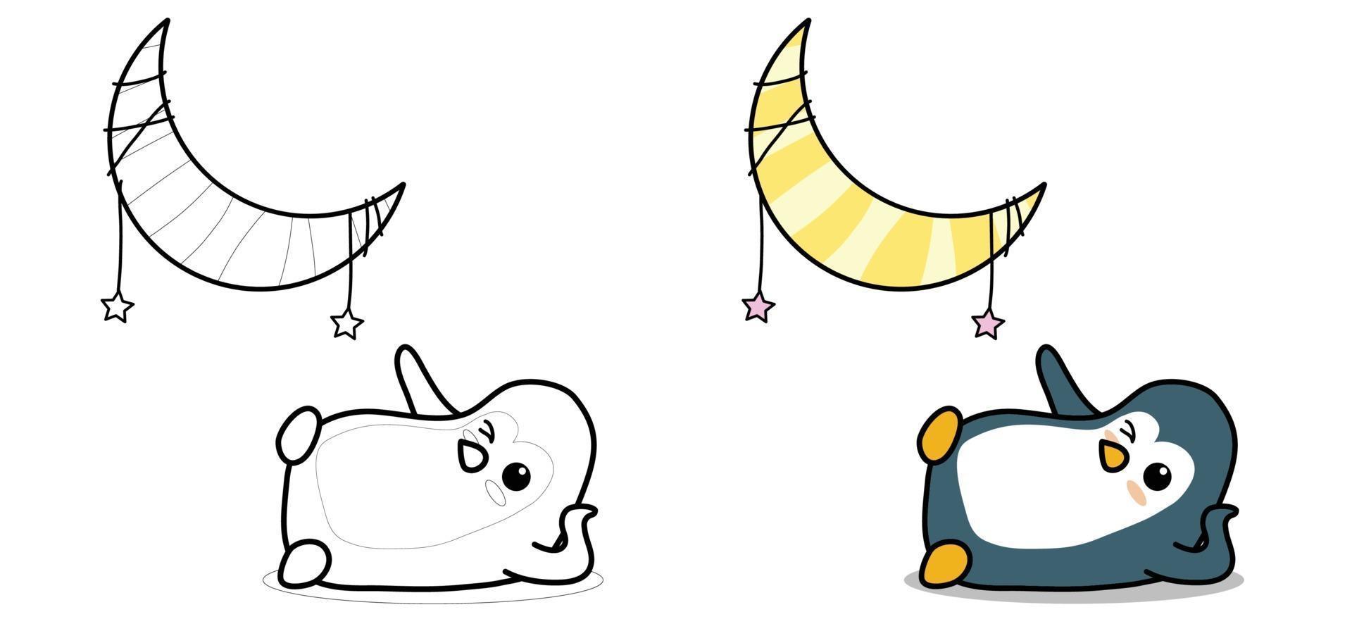 Adorable penguin and the moon cartoon coloring page for kids vector